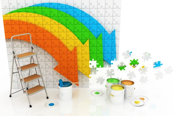 Picture with arrows and step-ladder with paints on a white — Stock Photo, Image