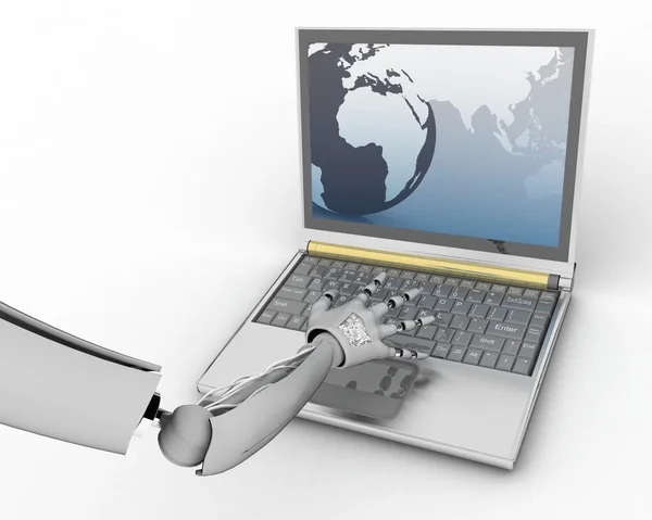 Hand van Androïde afdrukken aan het toetsenbord van de laptop — Stockfoto