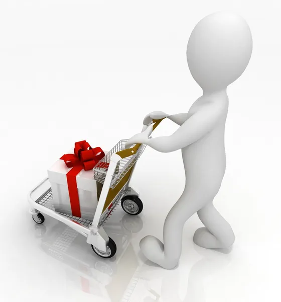 3d man rolls a light cart with gifts — Stock Photo, Image