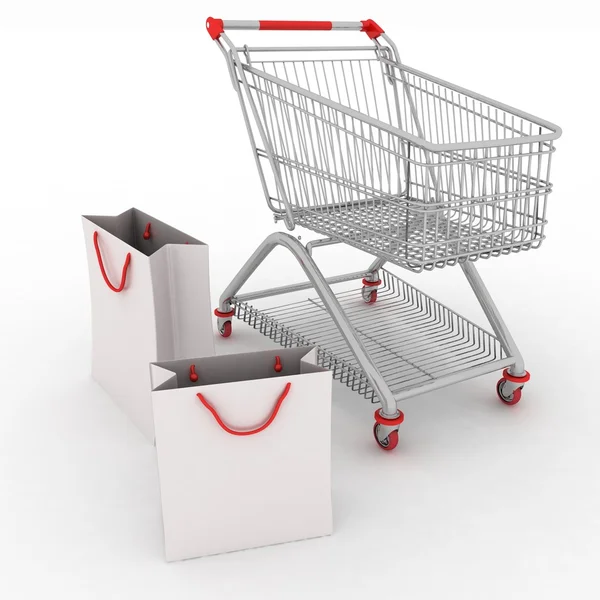 3d render carrinho de compras e sacos de compras — Fotografia de Stock