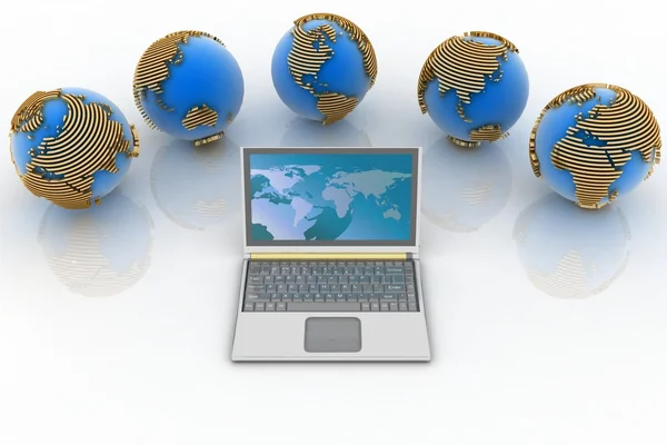 Laptop en globes — Stockfoto