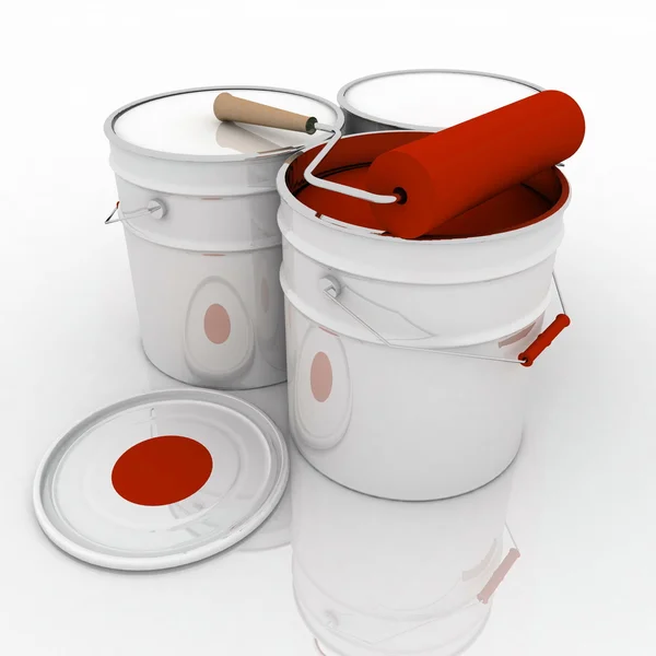 Otevřené kbelík s červenou barvou a válečkem — Stock fotografie