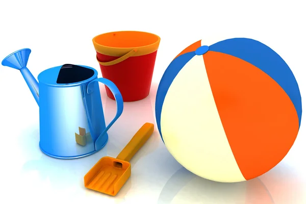 Пляжный мяч, ведро, лопата и лейка — стоковое фото