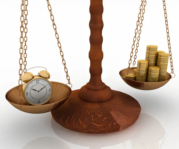 Relógio e dinheiro em balanças — Fotografia de Stock