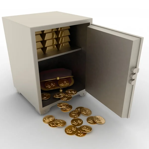 Open safe with gold bullions and purse with dollars — Stock Photo, Image
