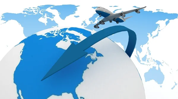 3d passenger jet airplane travels around the world — Stock Photo, Image