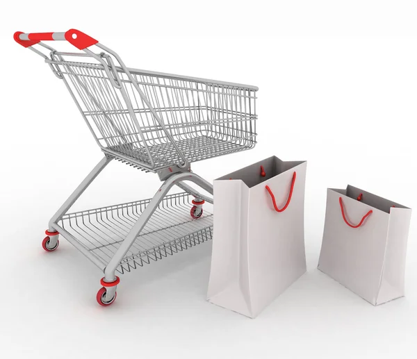 Nákupní vozík a nákupní tašky — Stock fotografie