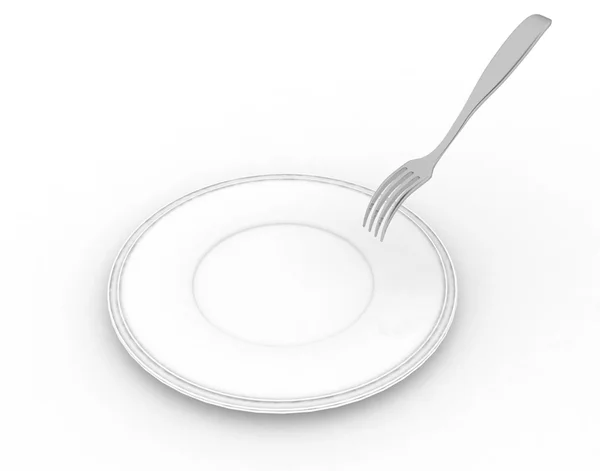 Pusty biały danie z widelcem pricking — Zdjęcie stockowe