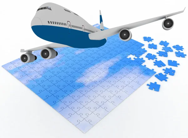 Airplane flies above sky from puzzle — Stock Photo, Image