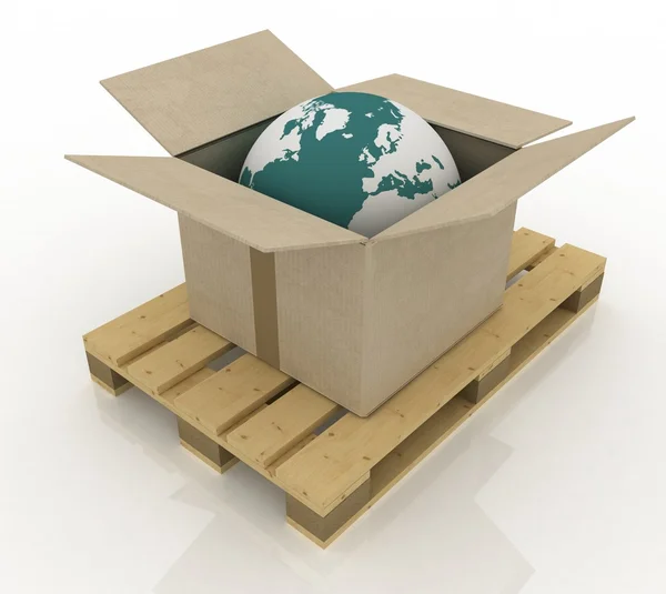 Kartonnen doos met globe — Stockfoto