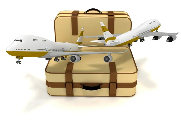 Авиалайнеры и чемоданы на белом фоне — стоковое фото