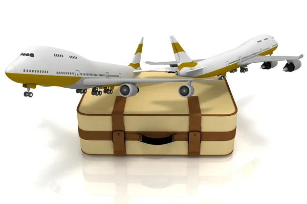 Repülőgépek és a bőröndöt, a fehér háttér — Stock Fotó