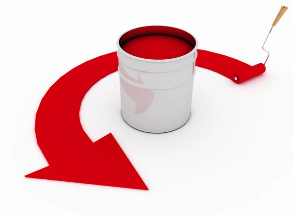 Open bucket with red paint and roller — Stock Photo, Image