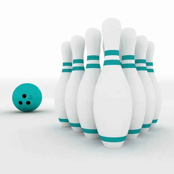 Boule de bowling s'écrasant dans les broches sur fond blanc — Photo