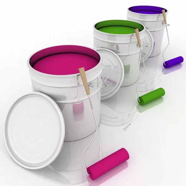Open bucket with color paint and rollers — Stock Photo, Image