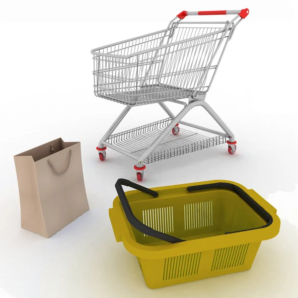 Coleção para compras de cesta, pacotes e carrinho — Fotografia de Stock