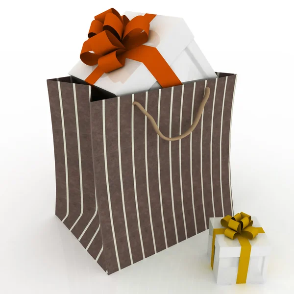 Dárková krabička s červenou mašli v sáčku na dárek — Stock fotografie