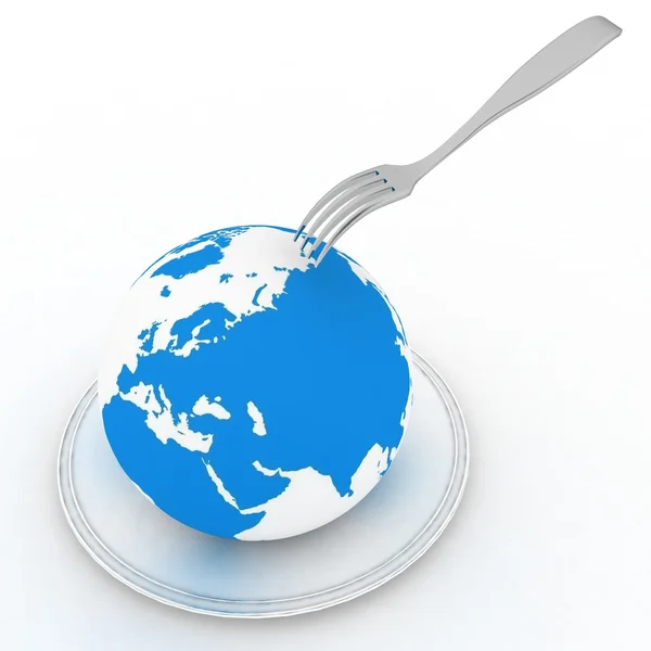 Globus und Flatwares auf weißem Hintergrund — Stockfoto