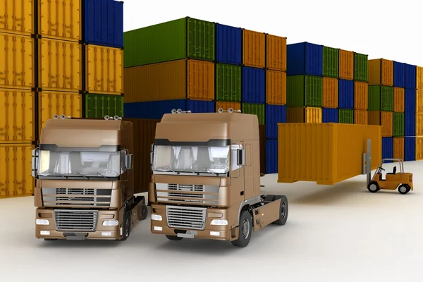 Chargement de conteneurs sur de gros camions en entreposage à l'extérieur — Photo