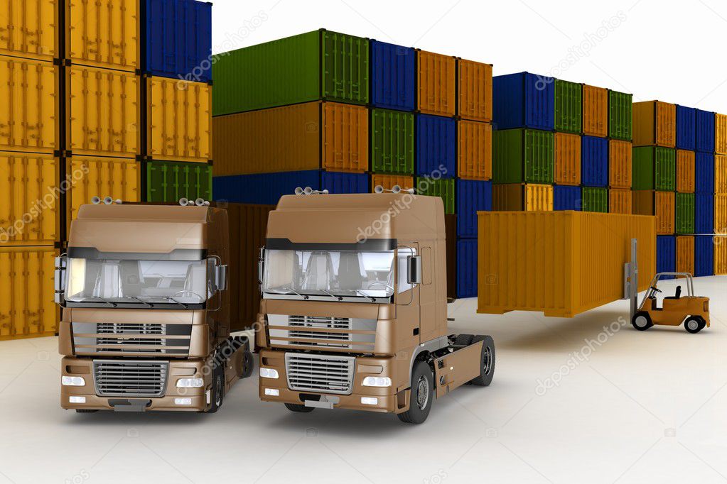 Loading of containers on big trucks in storage outdoors