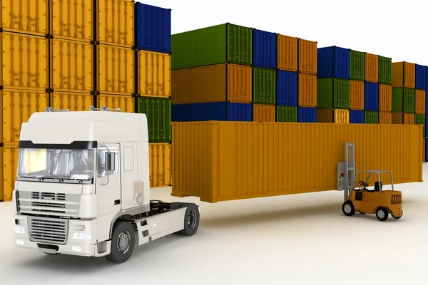 Loading of containers on big truck in storage outdoors — Stock Photo, Image