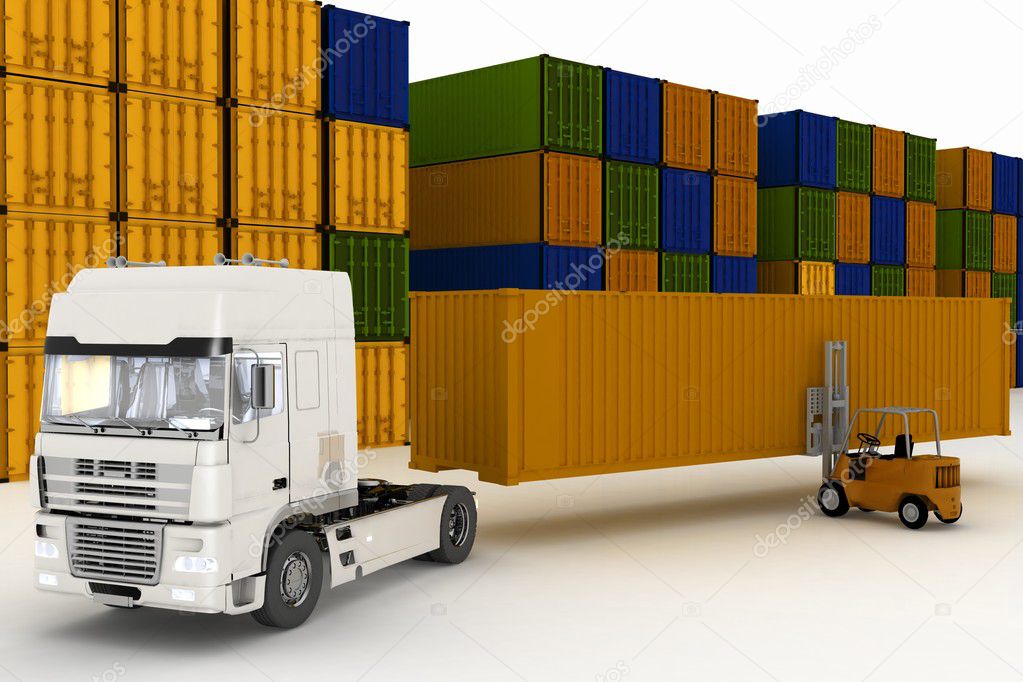 Loading of containers on big truck in storage outdoors