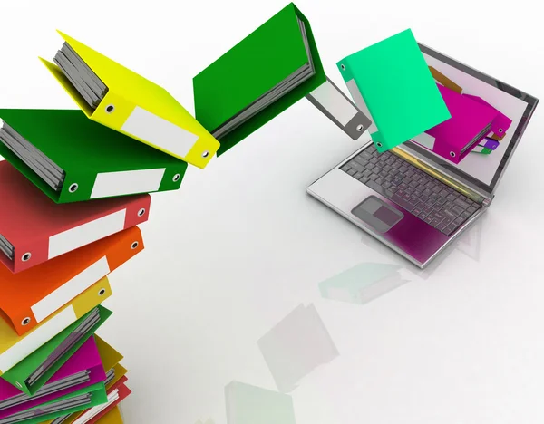 Colorful folders fly into your laptop — Stock Photo, Image