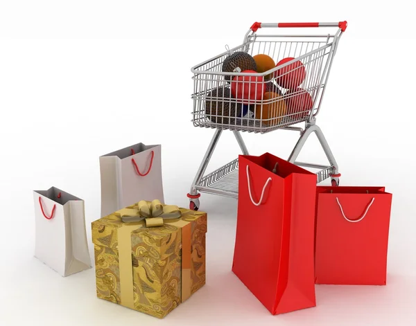Weihnachtskugeln und Geschenke im Warenkorb und Papiertüten — Stockfoto