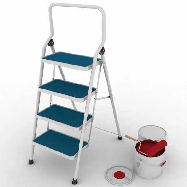 Stepladder with jars from under a red paint — Stock Photo, Image