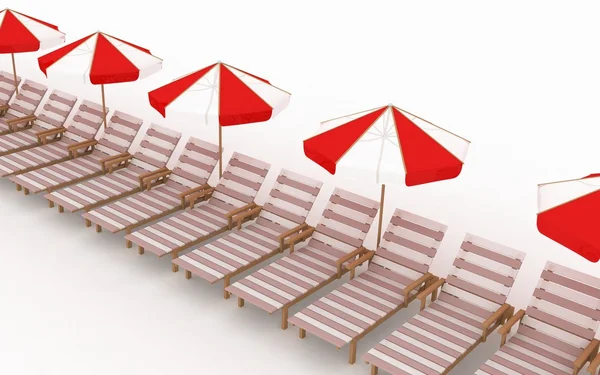 Many deck-chairs with parasols — Stock Photo, Image