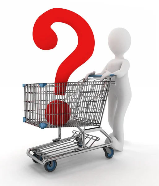 Man rolls the shopping cart with the question mark inwardly — Stock Photo, Image