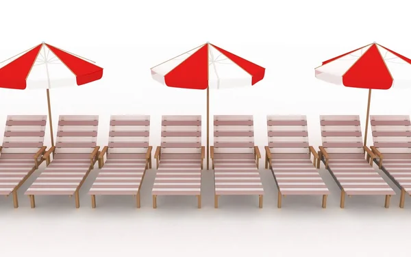 Liegestühle mit Sonnenschirmen auf einem weißen — Stockfoto