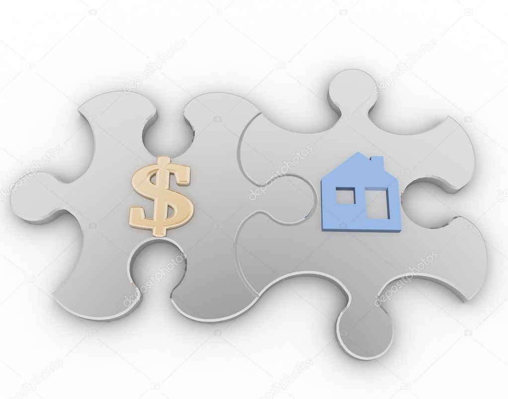 Two puzzle with symbols of home and golden dollar