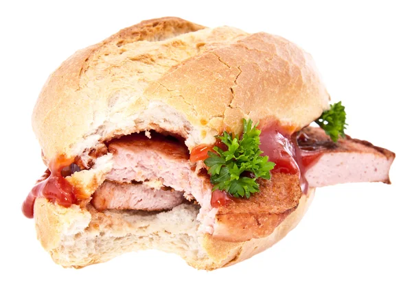 Bitten off meat loaf roll isolated on white — Stock Photo, Image
