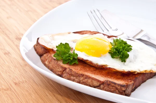 Pão de carne com ovo frito em uma chapa — Fotografia de Stock