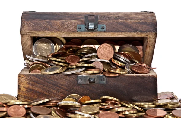 stock image Wooden treasure box with Euro-Coins