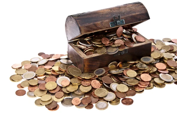 Wooden treasure box with Euro-Coins — Stock Photo, Image