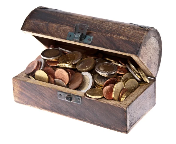 Scatola del tesoro piena di Euro-Monete — Foto Stock