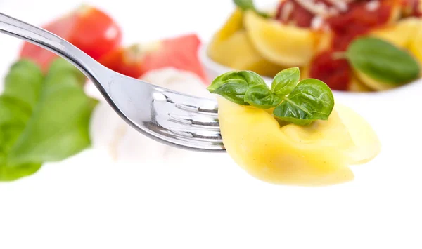 Tortellini on a fork isolated on white — Stock Photo, Image