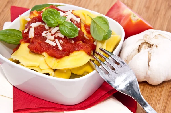 stock image Fresh Tortellini in a bowl on wooden background