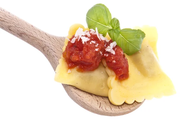 Two Raviolis on a wooden spoon — Stock Photo, Image