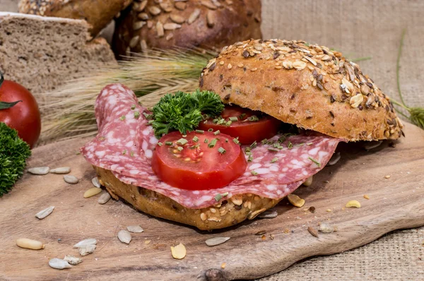 Sandwich al salame (macro vista ) — Foto Stock