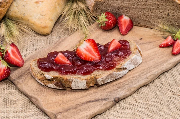 stock image Rustic Bread with fresh Strawberry Jam