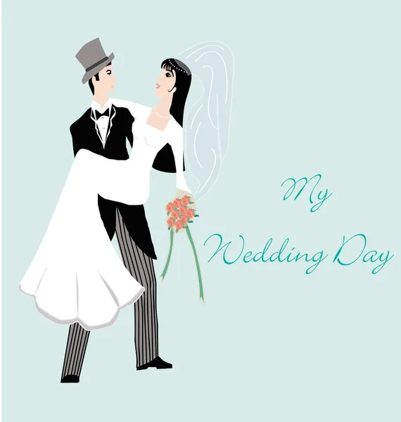 Just Married, groom carrying the bride invitation card — Stock Vector