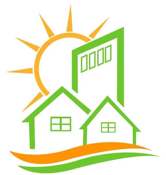 Residentiële groene huis en zon logo — Stockvector