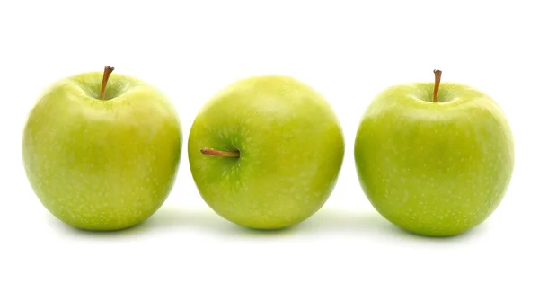 Három zöld alma, fehér háttér — Stock Fotó