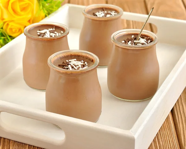 Chocolate desserts in jars — Stock Photo, Image