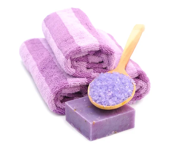 Towel, soap and sea salt — Stock Photo, Image