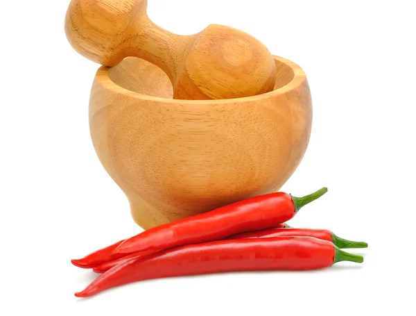 Wooden Mortar and chilli — Stock Photo, Image
