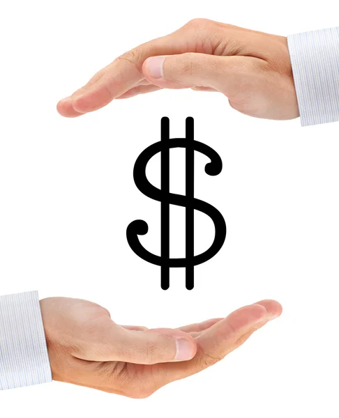 Знак доллара между двумя руками бизнесмена — стоковое фото
